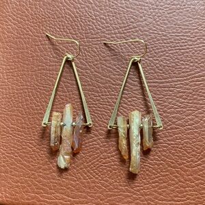 Gold Tone Geometric Earrings with genuine quartz stones fish hook back